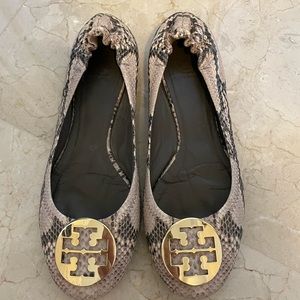 Tory Burch snakeskin logo flat